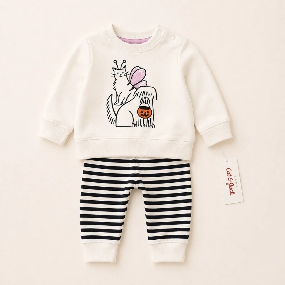 Cat & Jack Baby Halloween Sweatshirt and Striped Joggers Set Cream Black 6M